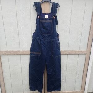 Seventy + Mochi Anthropologie Dark Wash Denim Ruffle Overalls Boho Preppy 12